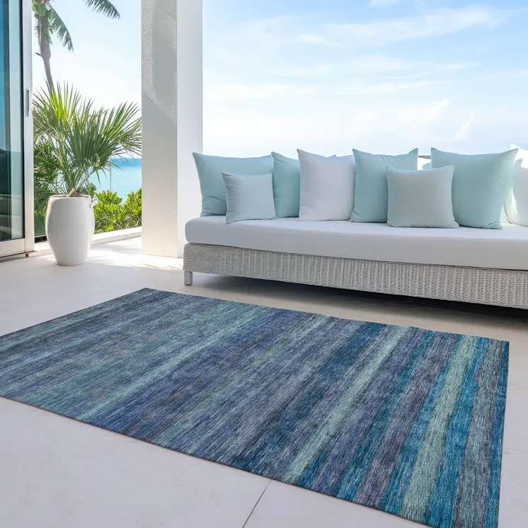 9' X 12' Blue And Gray Striped Washable Indoor Outdoor Area Rug