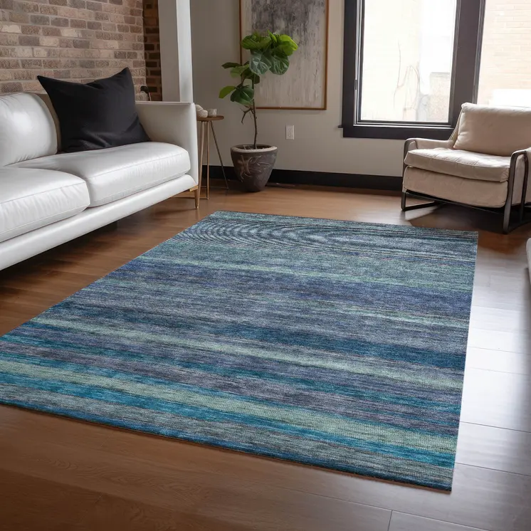 9' X 12' Blue And Gray Striped Washable Indoor Outdoor Area Rug