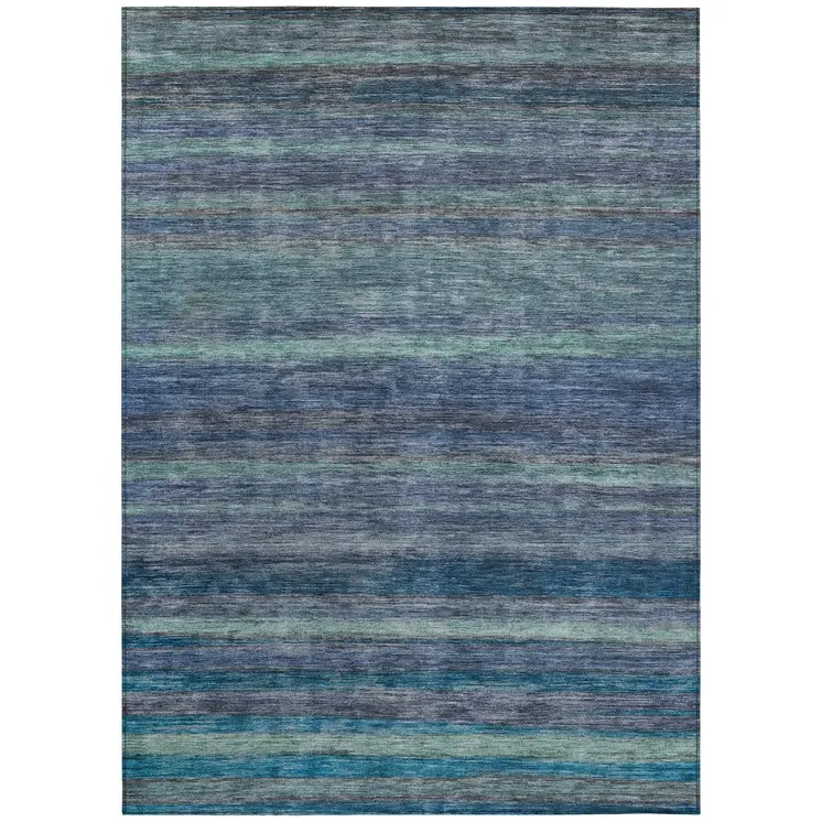 10' X 14' Blue And Gray Striped Washable Indoor Outdoor Area Rug