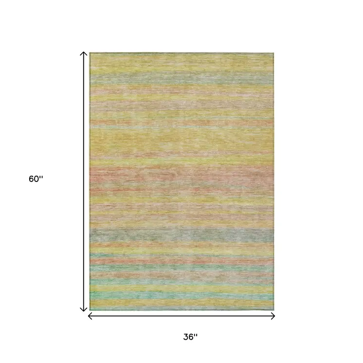 3' X 5' Gold And Blush Striped Washable Indoor Outdoor Area Rug