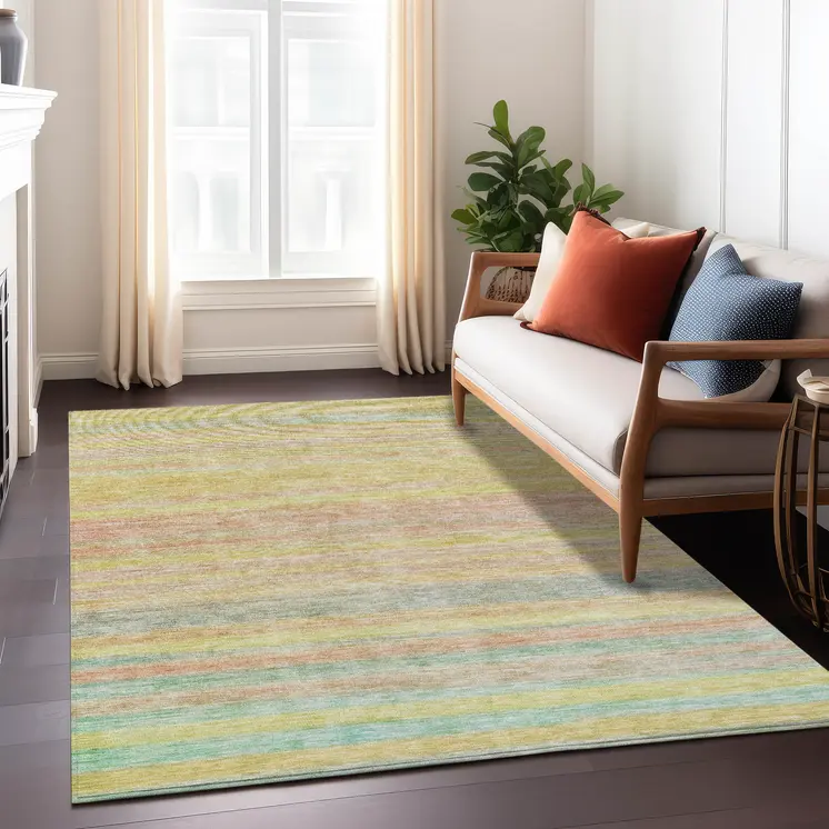3' X 5' Gold And Blush Striped Washable Indoor Outdoor Area Rug
