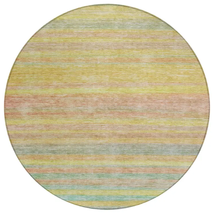 8' Gold And Blush Round Striped Washable Indoor Outdoor Area Rug