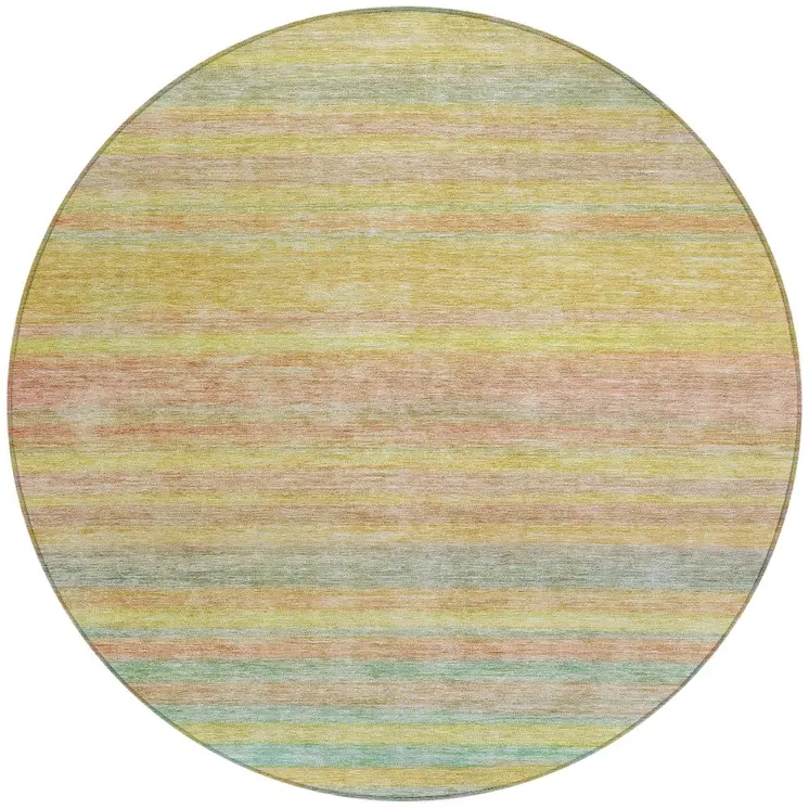 8' Gold And Blush Round Striped Washable Indoor Outdoor Area Rug