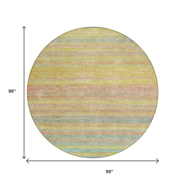 8' Gold And Blush Round Striped Washable Indoor Outdoor Area Rug