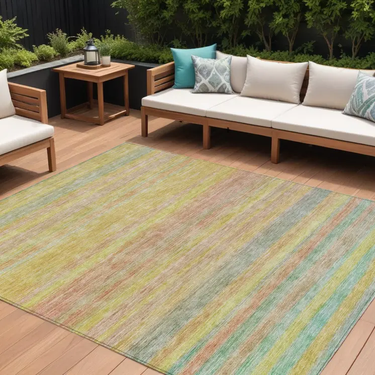 10' X 14' Gold And Blush Striped Washable Indoor Outdoor Area Rug