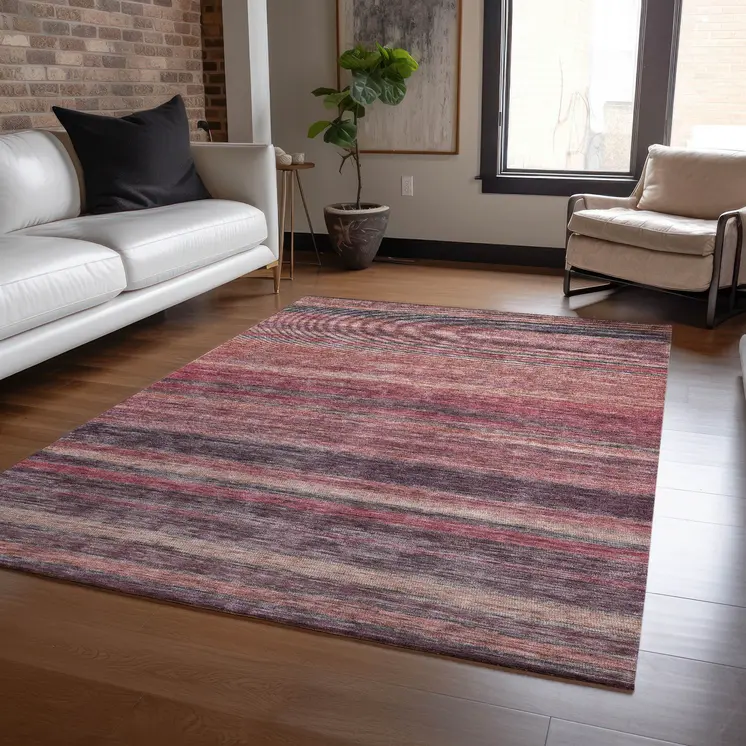 9' X 12' Rust And Blush Striped Washable Indoor Outdoor Area Rug