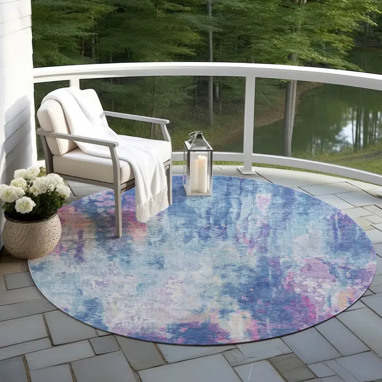 8' Blue Peach And Sky Blue Round Abstract Washable Indoor Outdoor Area Rug