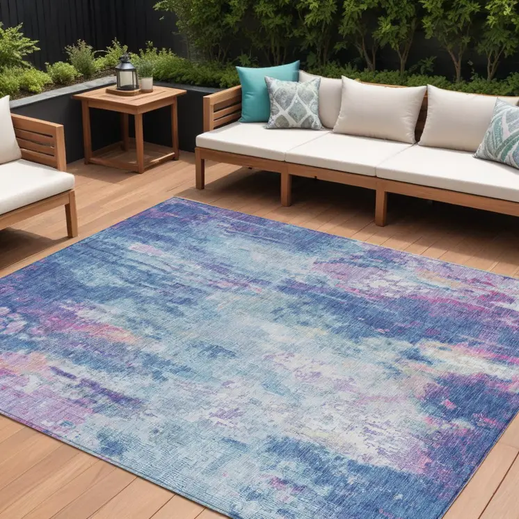 10' X 14' Blue Peach And Sky Blue Abstract Washable Indoor Outdoor Area Rug