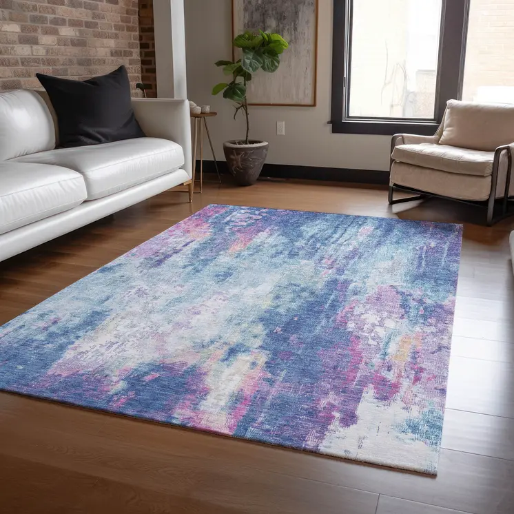 10' X 14' Blue Peach And Sky Blue Abstract Washable Indoor Outdoor Area Rug