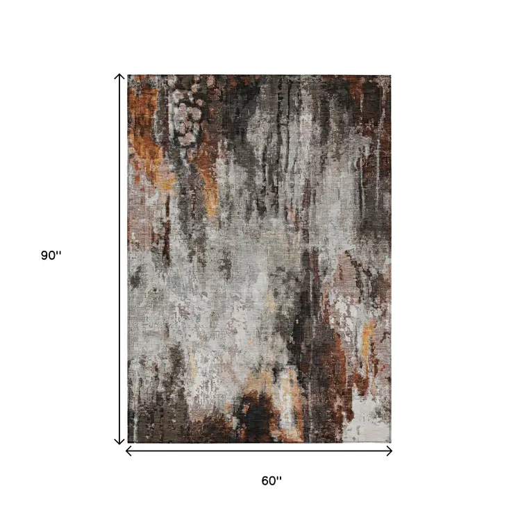 5' X 8' Gray Rust And Ivory Abstract Washable Indoor Outdoor Area Rug