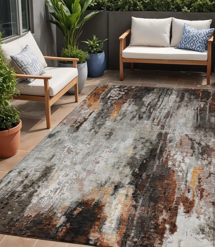5' X 8' Gray Rust And Ivory Abstract Washable Indoor Outdoor Area Rug