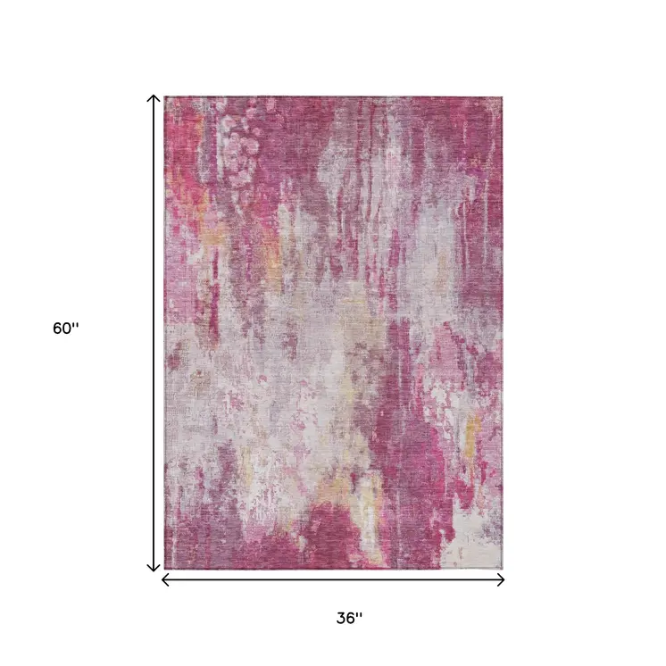 3' X 5' Pink Ivory And Lavender Abstract Washable Indoor Outdoor Area Rug
