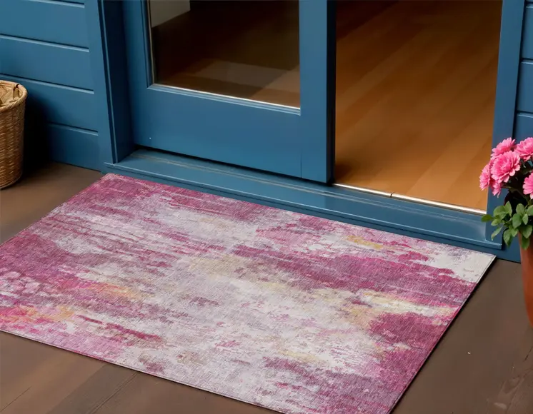 3' X 5' Pink Ivory And Lavender Abstract Washable Indoor Outdoor Area Rug