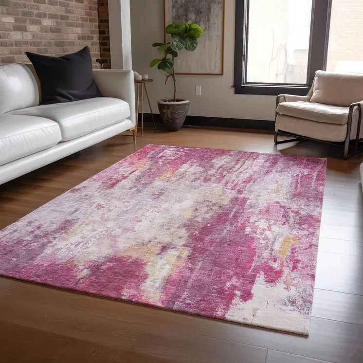 3' X 5' Pink Ivory And Lavender Abstract Washable Indoor Outdoor Area Rug