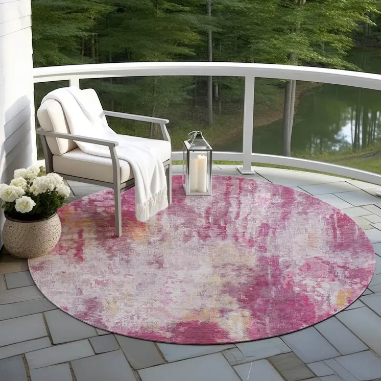 8' Pink Ivory And Lavender Round Abstract Washable Indoor Outdoor Area Rug