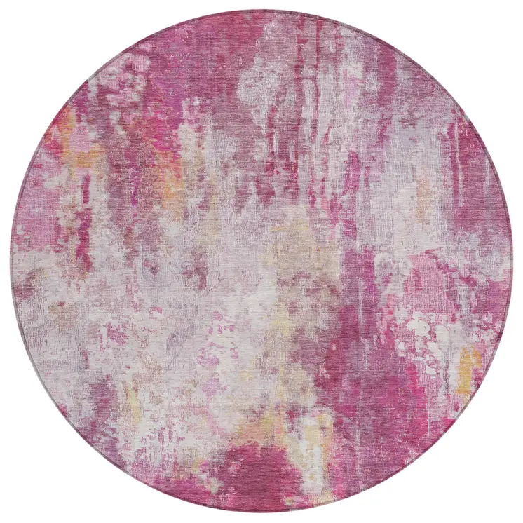8' Pink Ivory And Lavender Round Abstract Washable Indoor Outdoor Area Rug