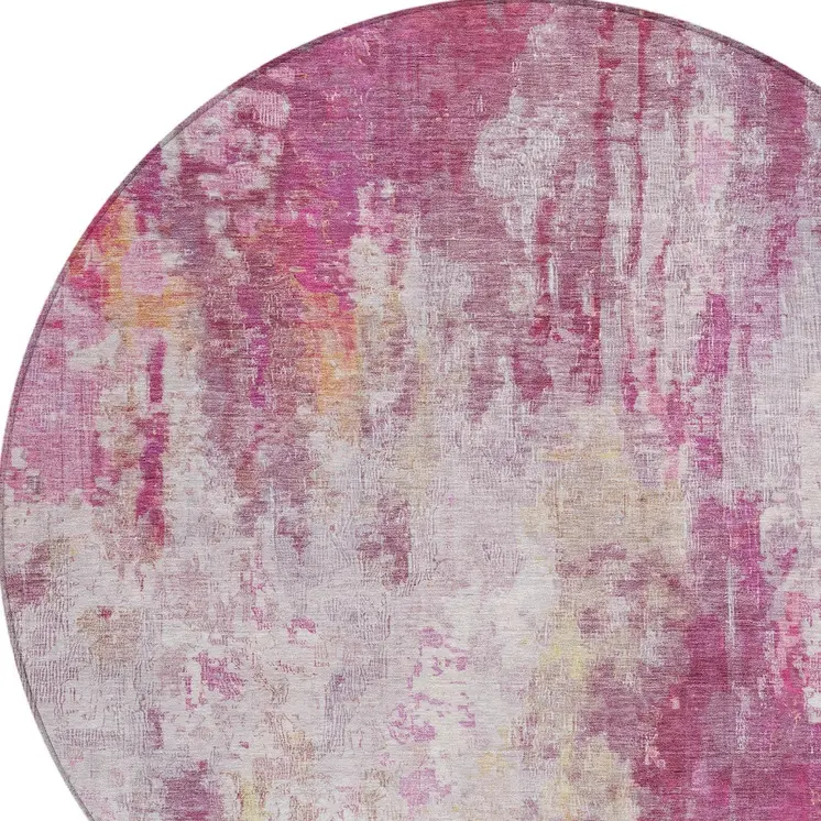 8' Pink Ivory And Lavender Round Abstract Washable Indoor Outdoor Area Rug