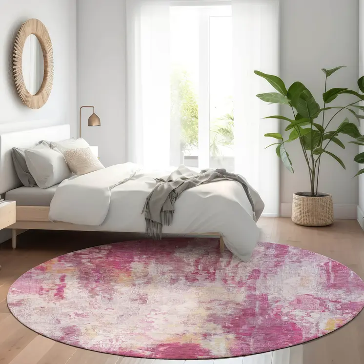 8' Pink Ivory And Lavender Round Abstract Washable Indoor Outdoor Area Rug