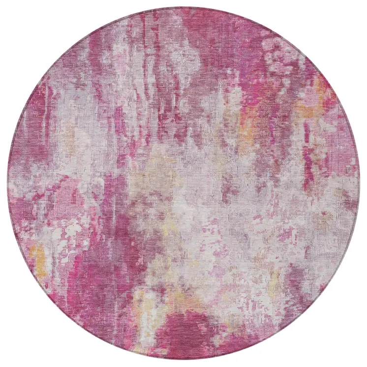 8' Pink Ivory And Lavender Round Abstract Washable Indoor Outdoor Area Rug