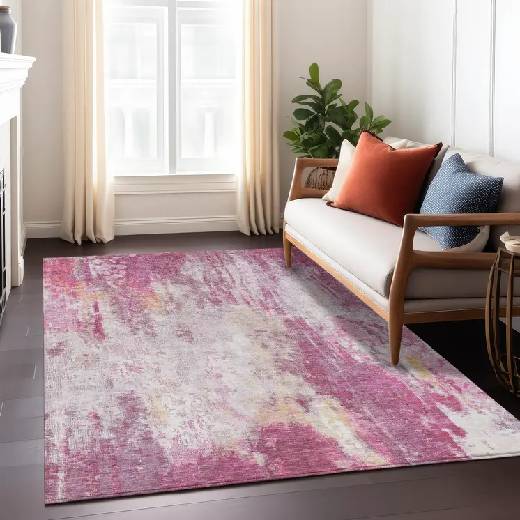 10' X 14' Pink Ivory And Lavender Abstract Washable Indoor Outdoor Area Rug