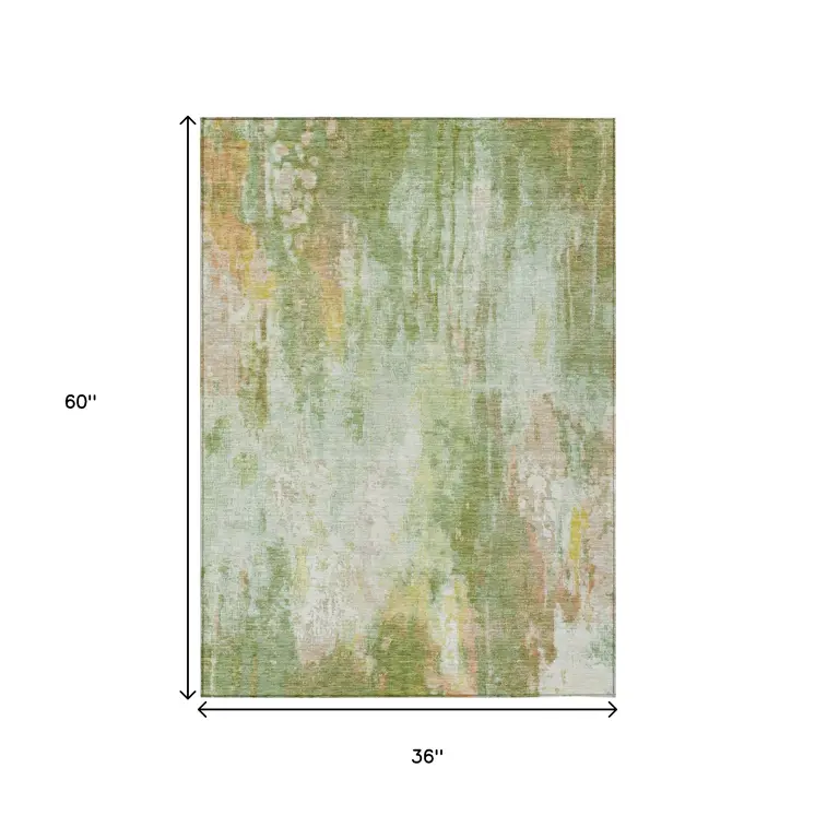 3' X 5' Sage Wheat And Ivory Abstract Washable Indoor Outdoor Area Rug