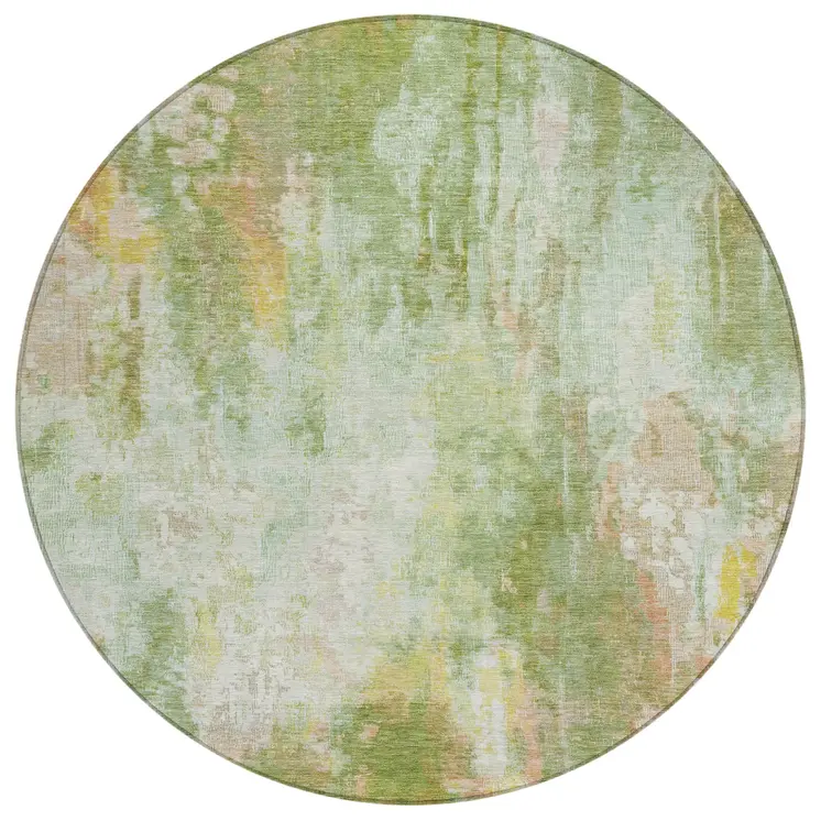 8' Sage Wheat And Ivory Round Abstract Washable Indoor Outdoor Area Rug