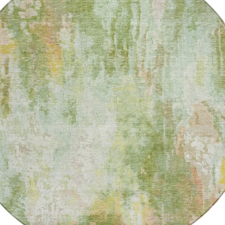 8' Sage Wheat And Ivory Round Abstract Washable Indoor Outdoor Area Rug