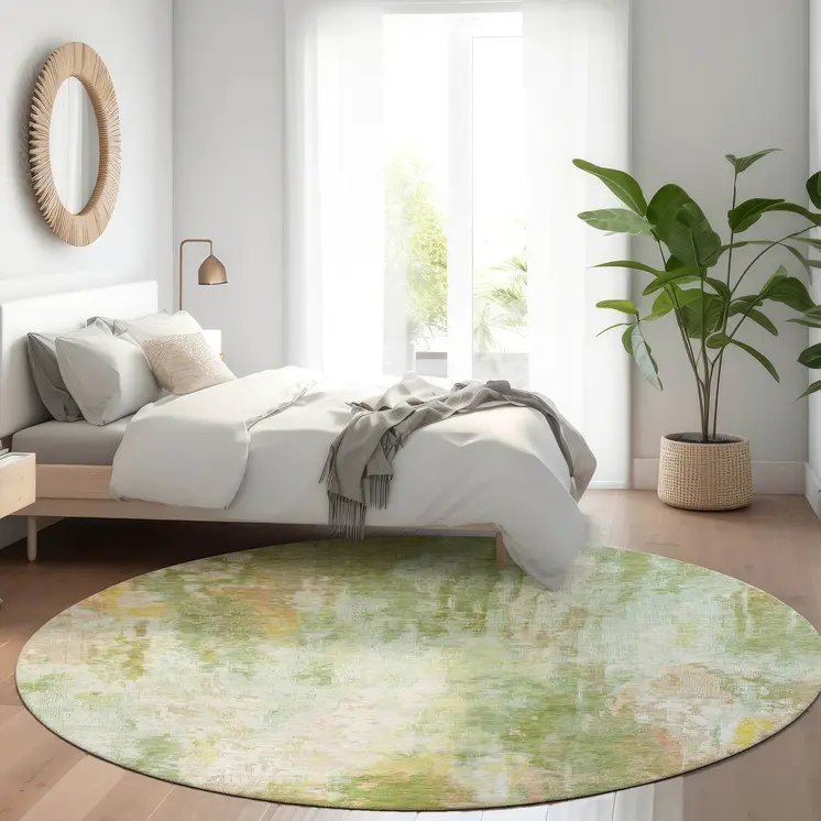 8' Sage Wheat And Ivory Round Abstract Washable Indoor Outdoor Area Rug