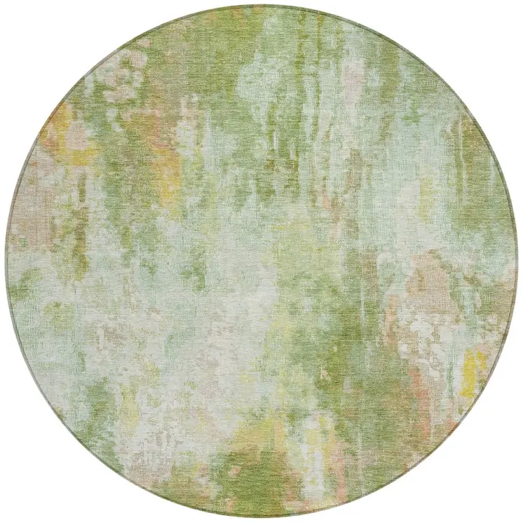 8' Sage Wheat And Ivory Round Abstract Washable Indoor Outdoor Area Rug
