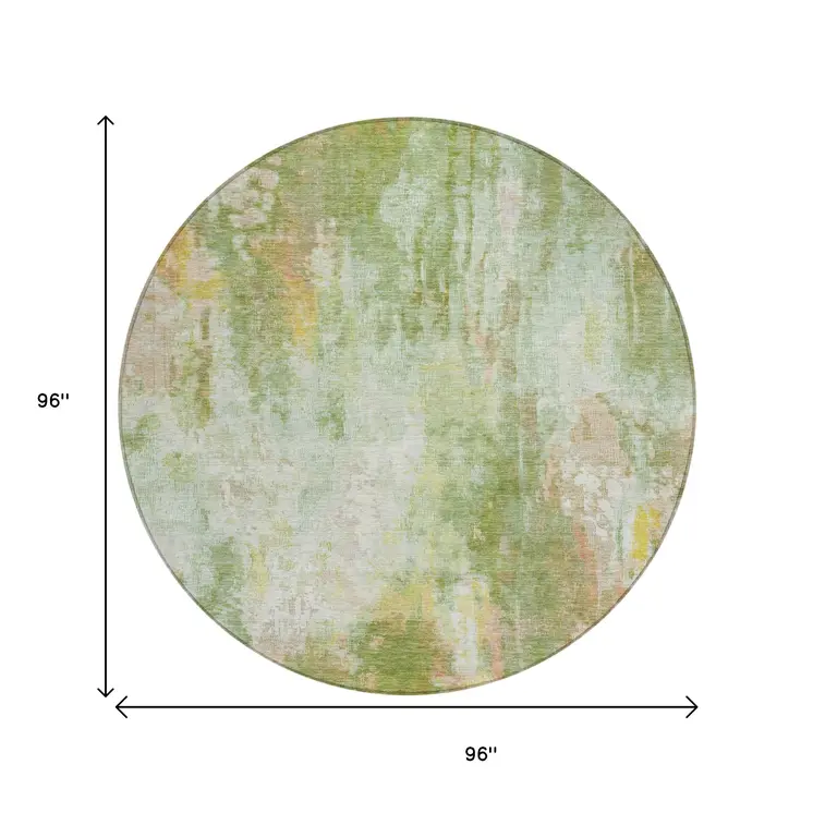8' Sage Wheat And Ivory Round Abstract Washable Indoor Outdoor Area Rug