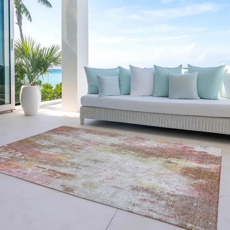 3' X 5' Tan Mauve And Ivory Abstract Washable Indoor Outdoor Area Rug