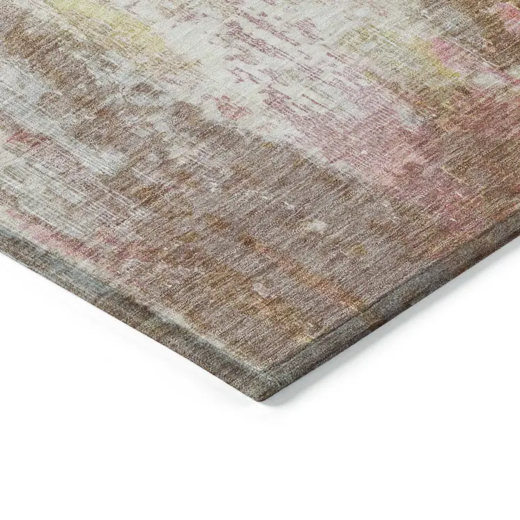 3' X 5' Tan Mauve And Ivory Abstract Washable Indoor Outdoor Area Rug