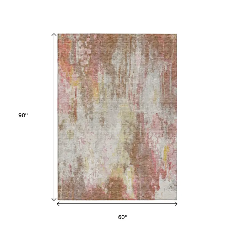 5' X 8' Tan Mauve And Ivory Abstract Washable Indoor Outdoor Area Rug