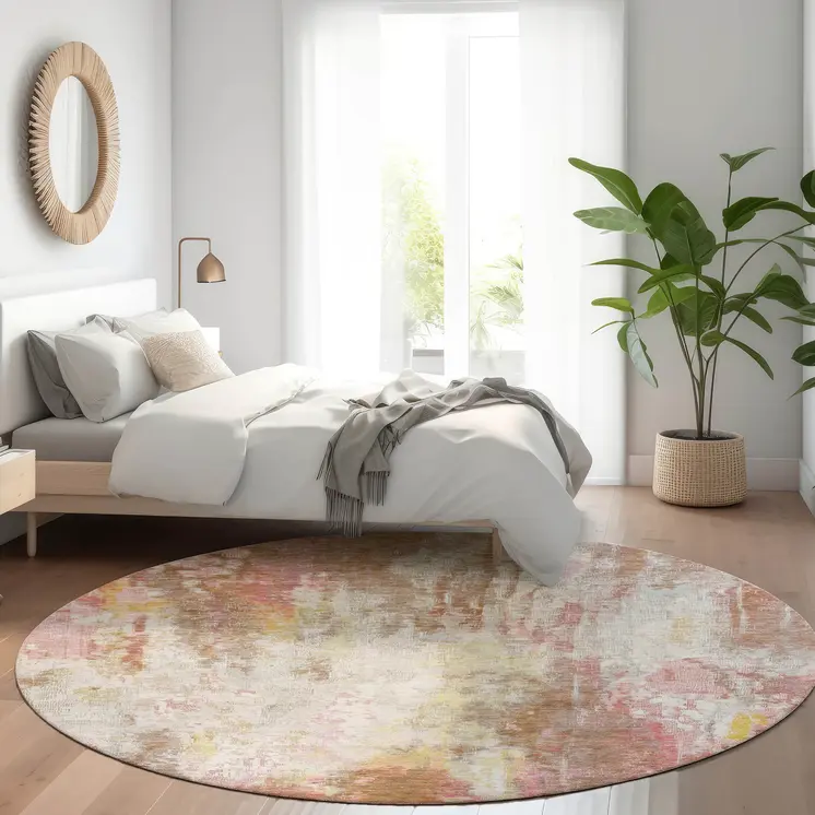 8' Tan Mauve And Ivory Round Abstract Washable Indoor Outdoor Area Rug