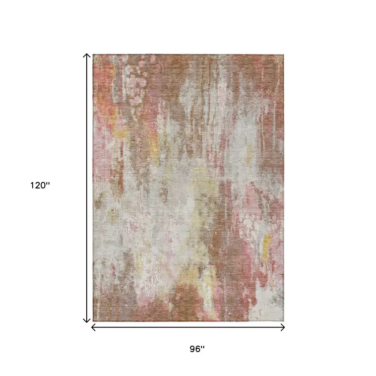 8' X 10' Tan Mauve And Ivory Abstract Washable Indoor Outdoor Area Rug