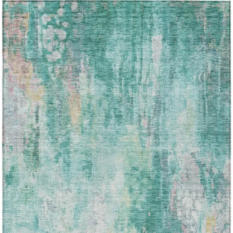 3' X 5' Teal Blue Peach And Ivory Abstract Washable Indoor Outdoor Area Rug