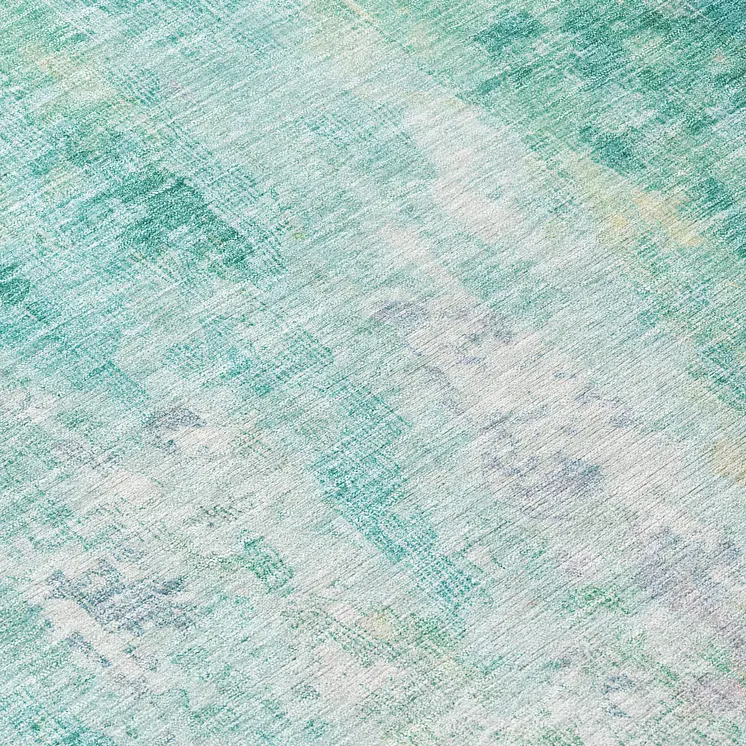 8' Teal Blue Peach And Ivory Round Abstract Washable Indoor Outdoor Area Rug