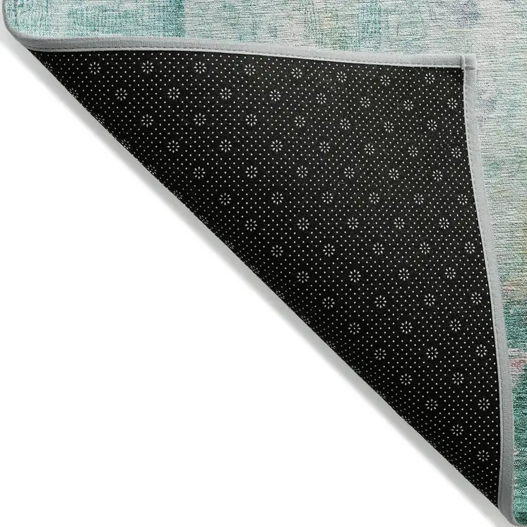 9' X 12' Teal Blue Peach And Ivory Abstract Washable Indoor Outdoor Area Rug