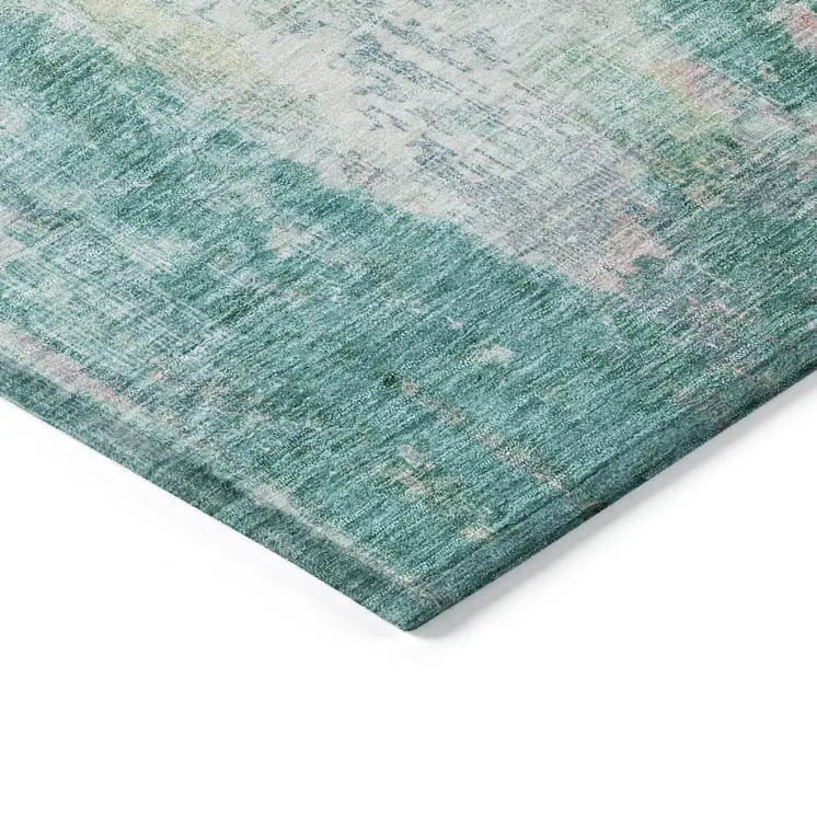 9' X 12' Teal Blue Peach And Ivory Abstract Washable Indoor Outdoor Area Rug