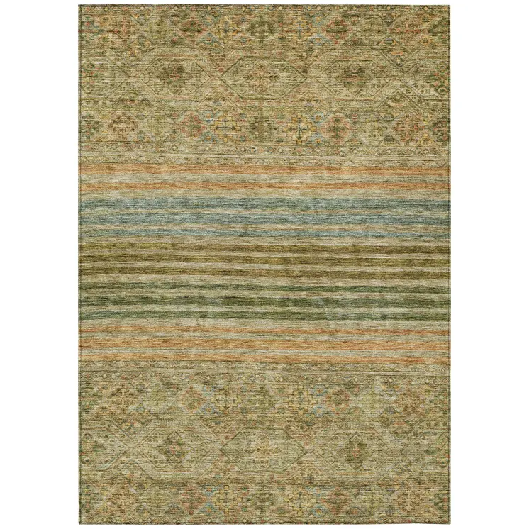 5' X 8' Artichoke Green Copper And Beige Medallion Washable Indoor Outdoor Area Rug