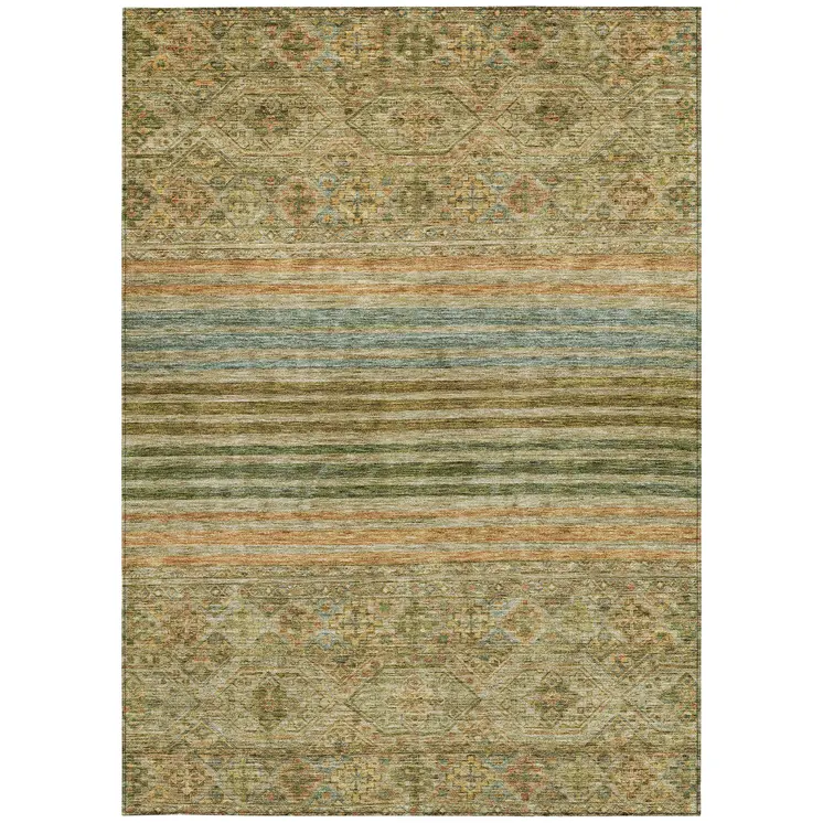 5' X 8' Artichoke Green Copper And Beige Medallion Washable Indoor Outdoor Area Rug