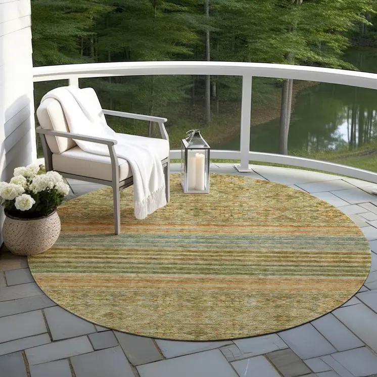 8' Artichoke Green Copper And Beige Round Medallion Washable Indoor Outdoor Area Rug