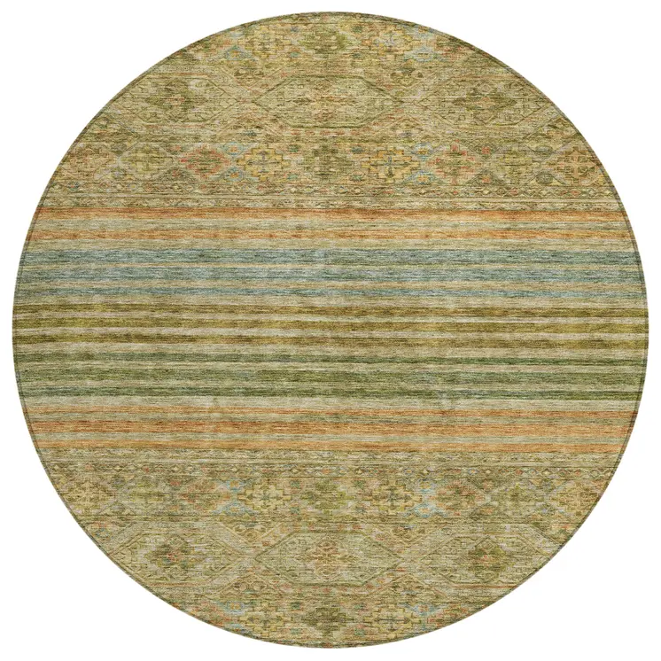 8' Artichoke Green Copper And Beige Round Medallion Washable Indoor Outdoor Area Rug