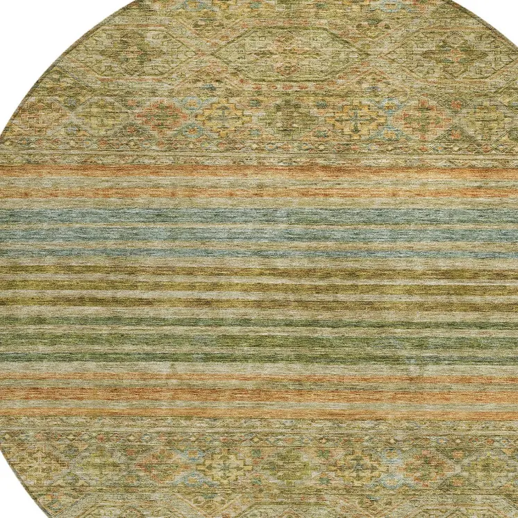 8' Artichoke Green Copper And Beige Round Medallion Washable Indoor Outdoor Area Rug