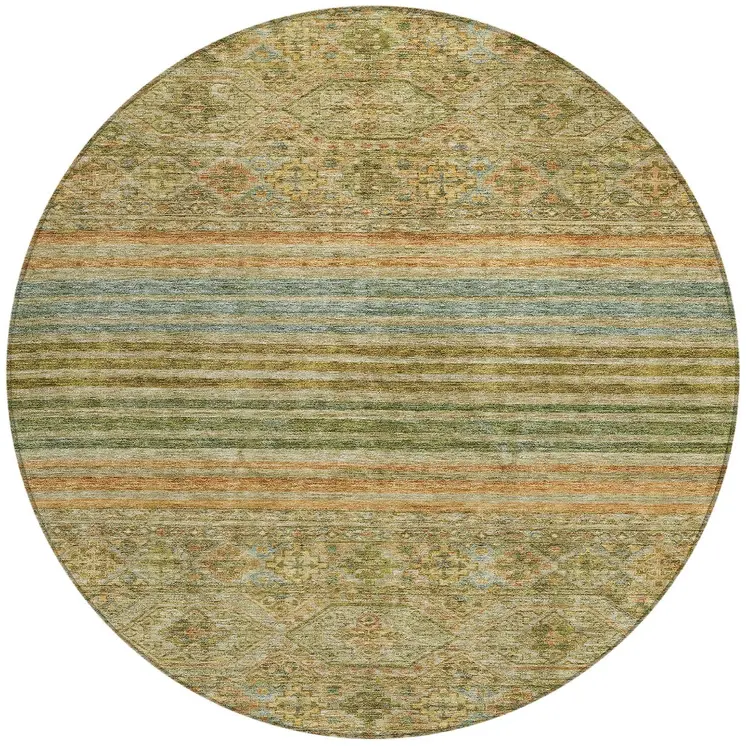 8' Artichoke Green Copper And Beige Round Medallion Washable Indoor Outdoor Area Rug
