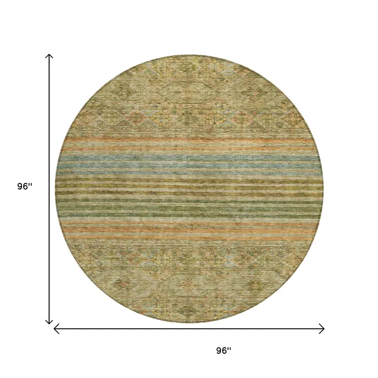 8' Artichoke Green Copper And Beige Round Medallion Washable Indoor Outdoor Area Rug