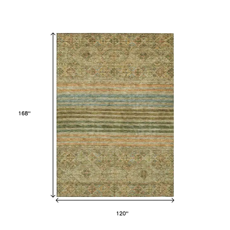 10' X 14' Artichoke Green Copper And Beige Medallion Washable Indoor Outdoor Area Rug