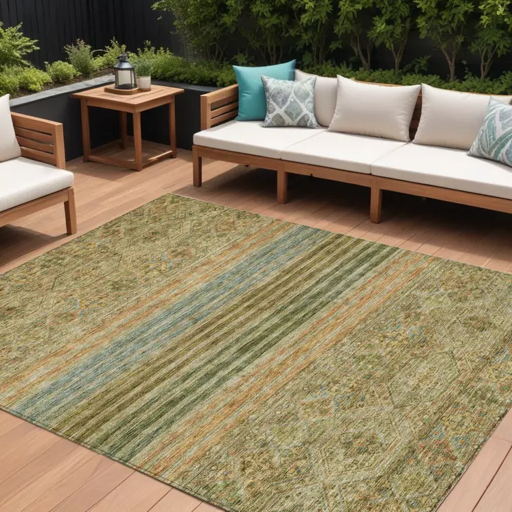 10' X 14' Artichoke Green Copper And Beige Medallion Washable Indoor Outdoor Area Rug