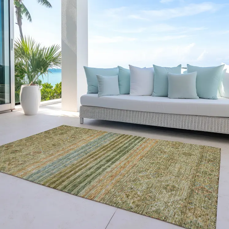 10' X 14' Artichoke Green Copper And Beige Medallion Washable Indoor Outdoor Area Rug