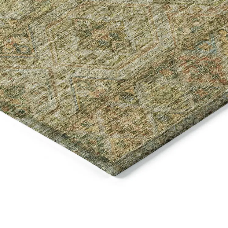 10' X 14' Artichoke Green Copper And Beige Medallion Washable Indoor Outdoor Area Rug